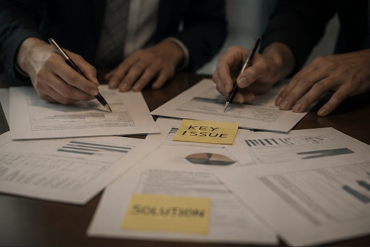 Advisor mapping a client's strategic options against a city skyline